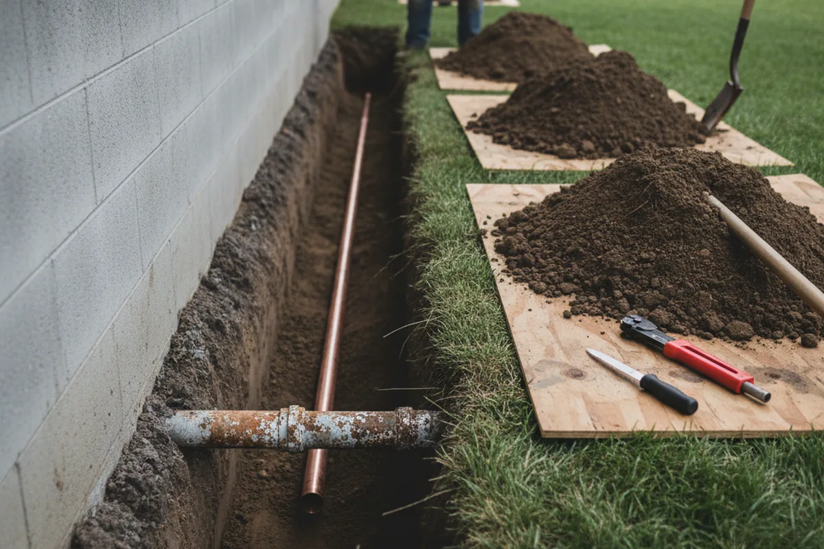 Excavated water line trench during Sewer Line Repair in Ilion